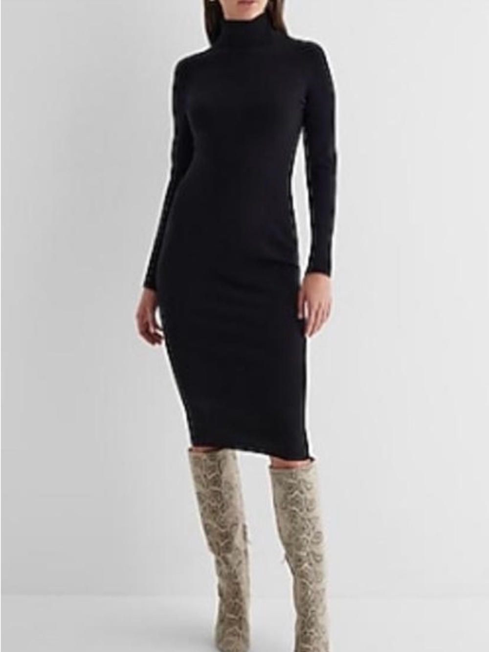 Express Black Ribbed Long-Sleeve Turtleneck Midi Dress XXS
